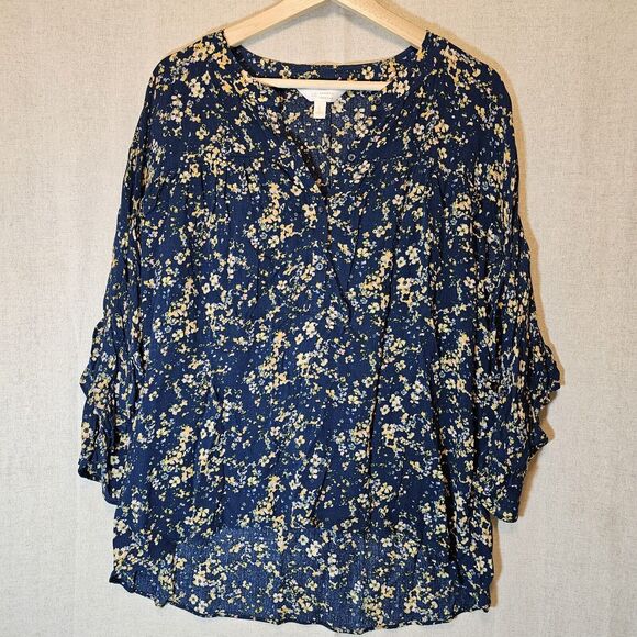LC Lauren Conrad Blue W/ Yellow Floral High Low Ruffle Boho Tunic Large - Picture 1 of 10